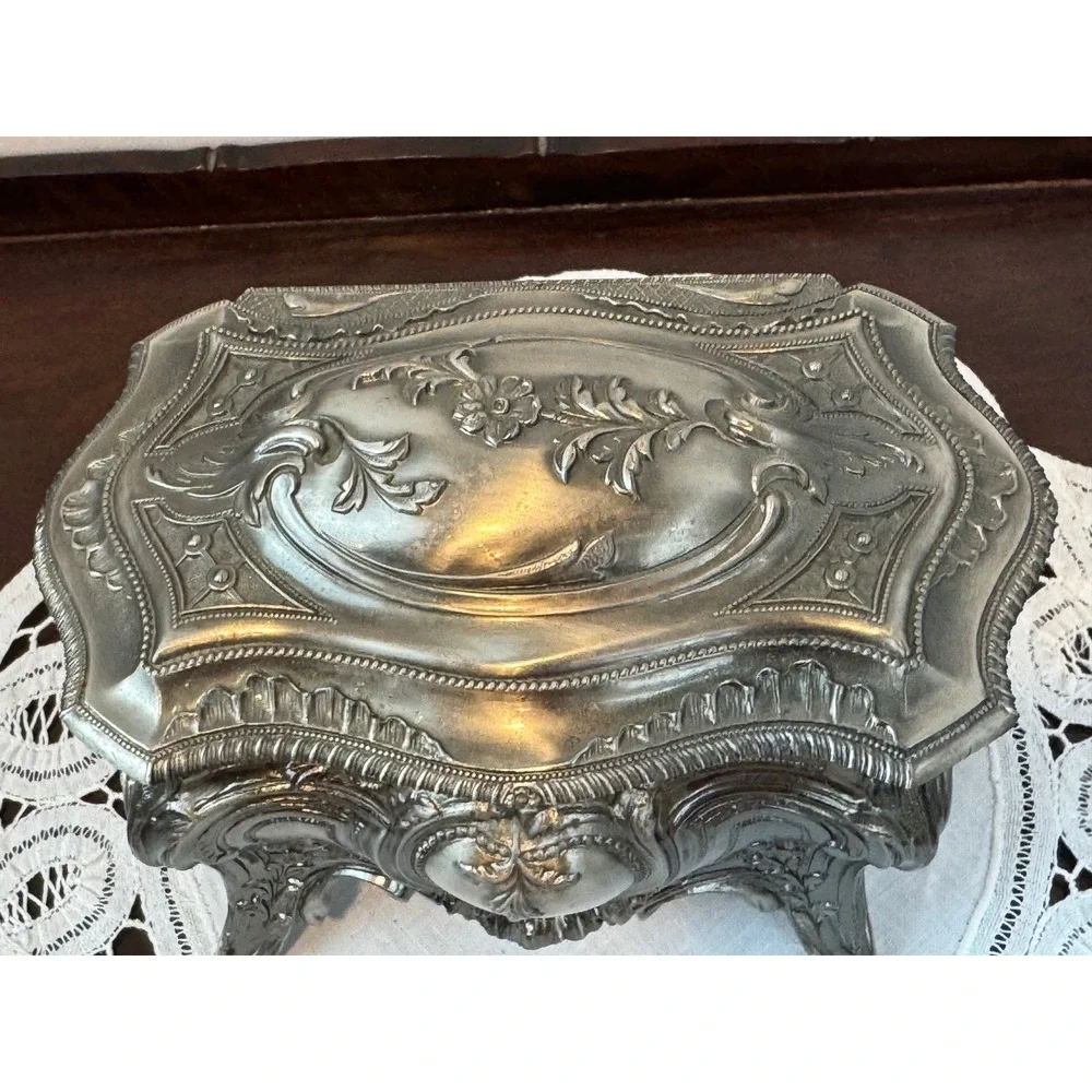 Vintage Ornate Silver Tone Footed Jewelry Casket Box Red Velvet Lining Rococo